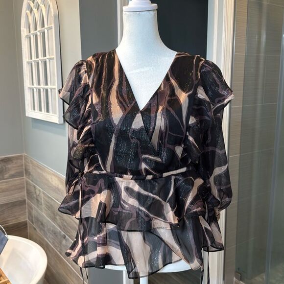 NWT TED BAKER JASMYNA RUFFLE-NECK TOP TIE-WAIST ABSTRACT BLACK MULTI TED SIZE 3 - Picture 2 of 13